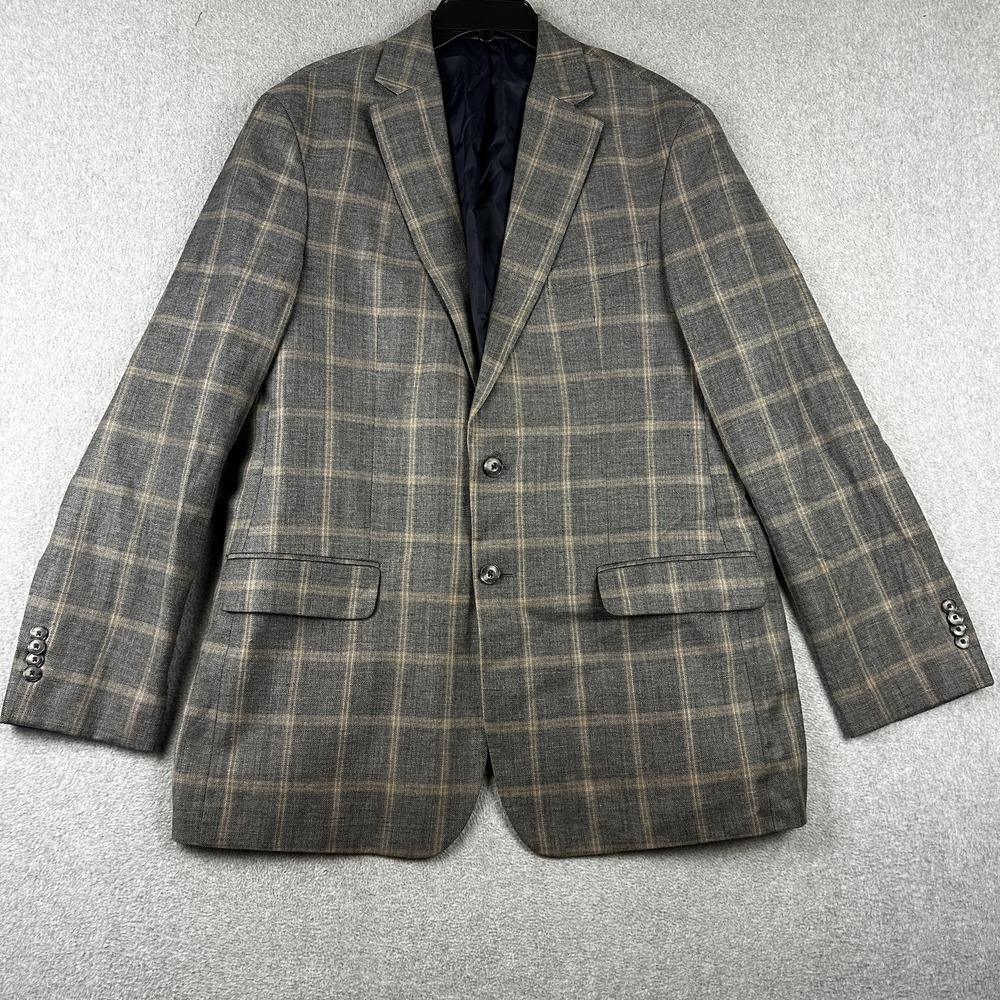 Jos A Bank Blazer Mens 42 Long Gray Plaid Linen Wool Tailored Fit Sport Coat